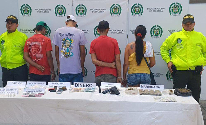 Cuatro personas capturadas y 900 dosis de sustancias estupefacientes fueron incautadas a través de una diligencia de registro y allanamiento sobre un inmueble ubicado en la vereda El Diamante de este municipio.