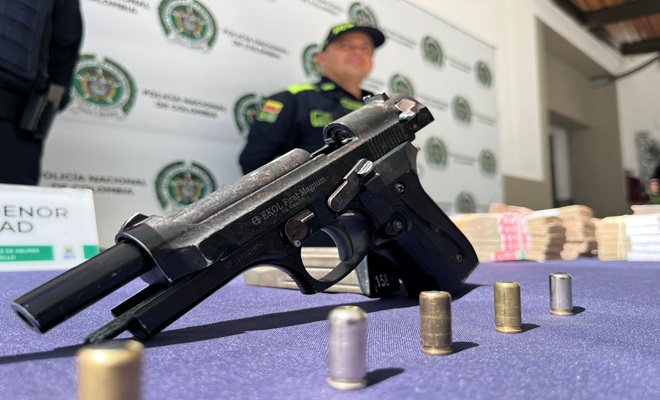 Arma de fuego incautada, vainillas y cartuchos