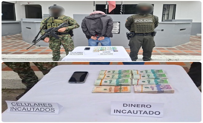 Un polic&iacute;a, un soldado y un capturado con el dinero incautado.