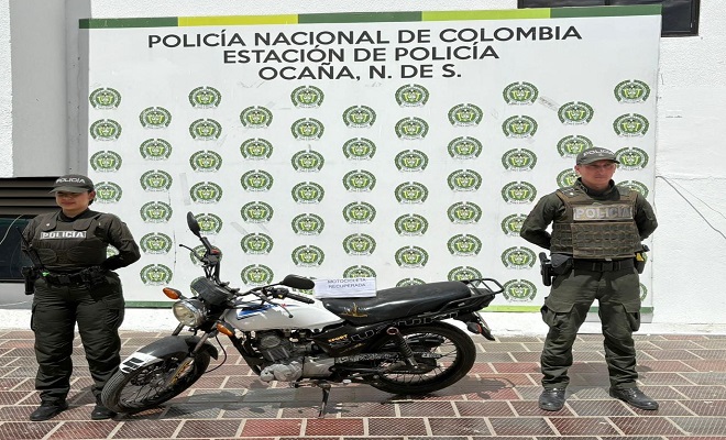 En el barrio Cristo Rey del municipio de Ocaña, se recuperó una motocicleta, solicitada mediante noticia criminal por la Fiscalía Local 12 Unidad de Hurtos de Aguachica – Cesar.