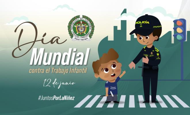 Ilustración Día mundial contra el trabajo infantil, niño en situación de vulneración en la calle y un policía de infancia brindándoles ayuda
