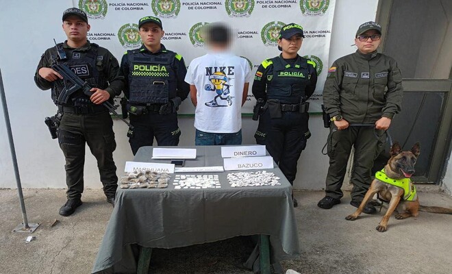 En Ambalema, policías con el apoyo del canino 'Hestia' y su guía lograron la captura de 'Gualas' a quien se le halló en su poder gran cantidad de alucinógenos