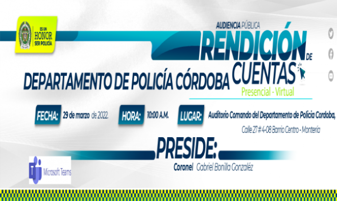 Invitación rendición de cuentas Departamento de Policia Cordoba vigencia 2021