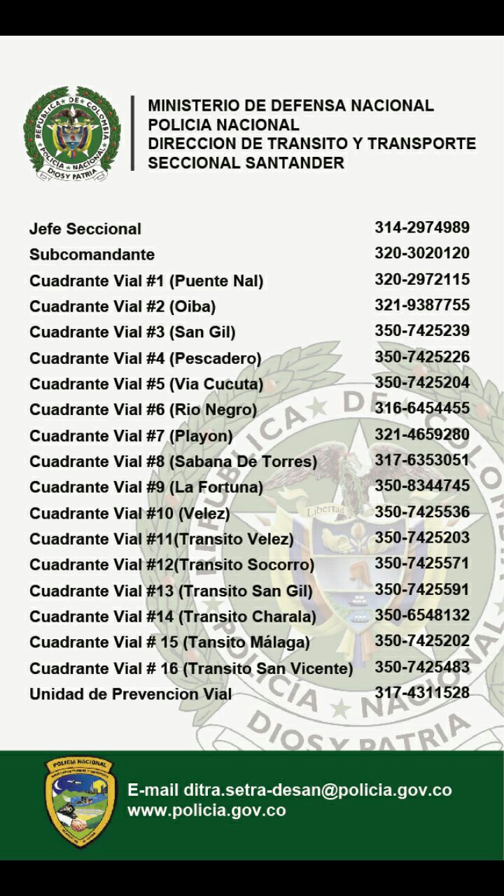 Numeros de los cuadrantes viales - Policía  Santander