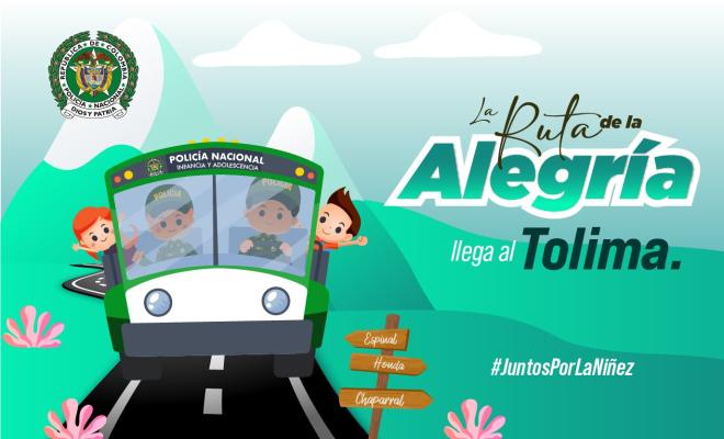 Ilustración del bus interactivo de la policía de infancia y adolescencia, conducido por dos policias y lleva dos pasajeros niños. El bus hace alusión que se dirigen al departamento de Tolima.